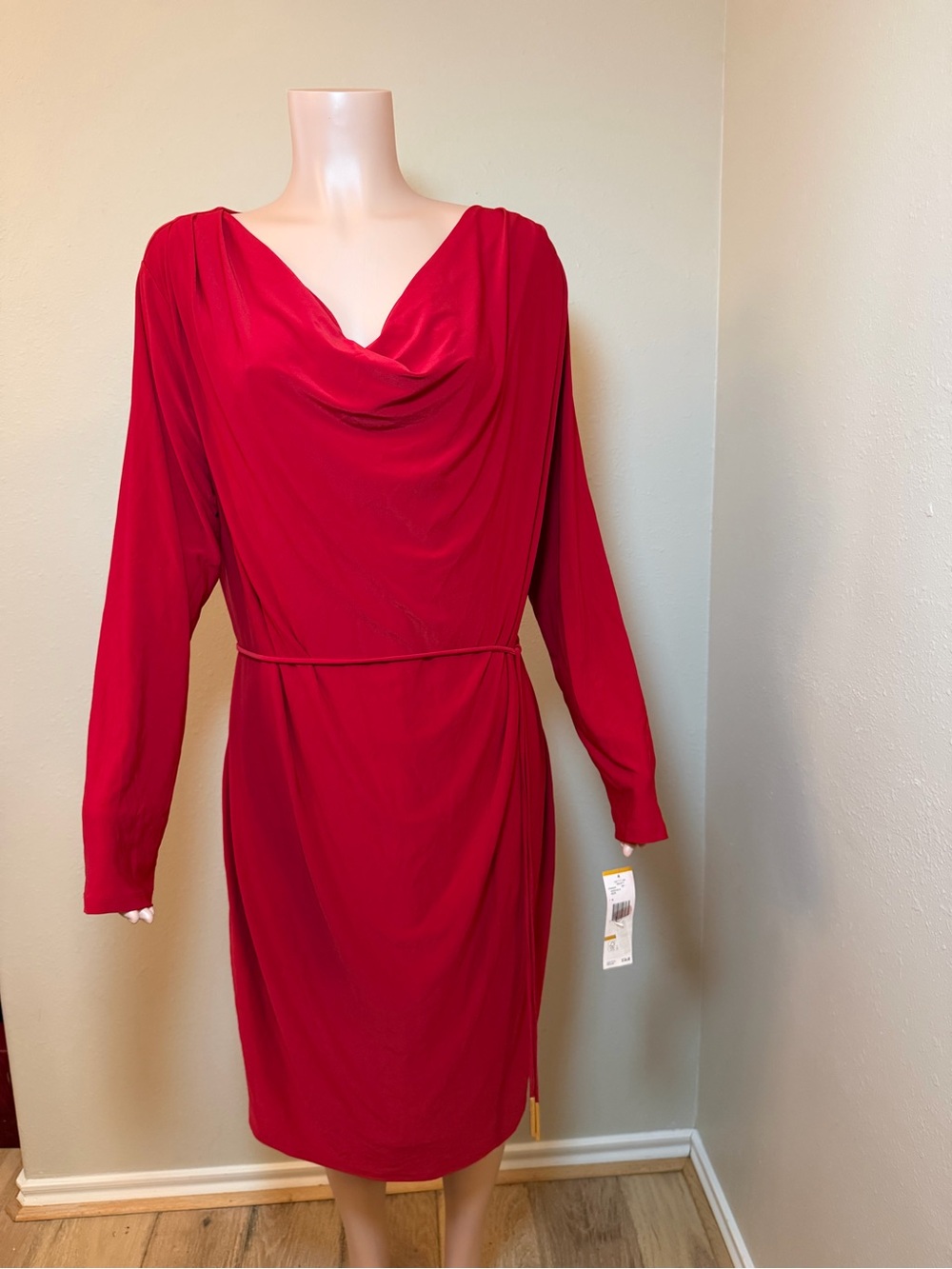 Jones New York Red Sheath Cowl Neck Long Sleeve Stretch Knee Dress 16W